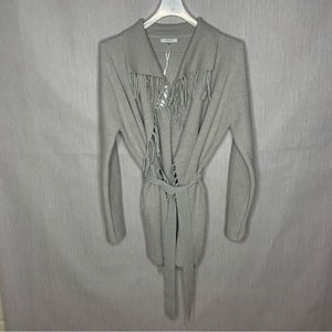NWT Sioni Fringe Belted Cardigan Sweater | Long Sleeve | Light Silver | Size M